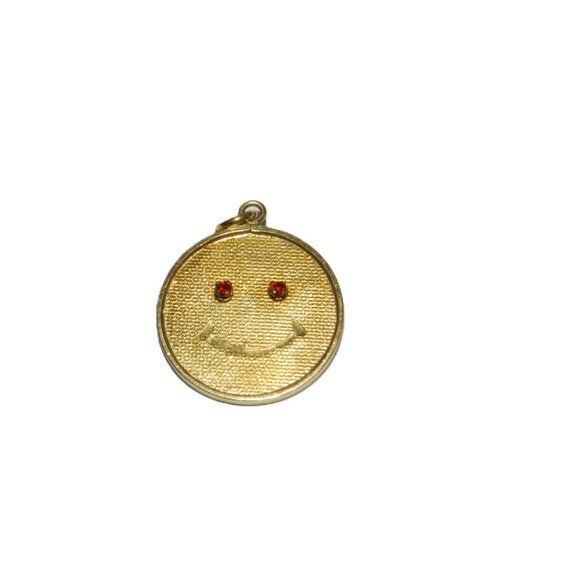Happy Smiley Face Emoji Pendant in 14k Yellow Gold 2 Sided w Ruby - Picture 2 of 14